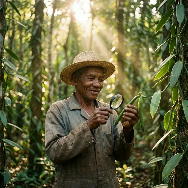 Agriculteur malgache récoltant de la vanille bourbon dans une plantation de la Région de Madagascar